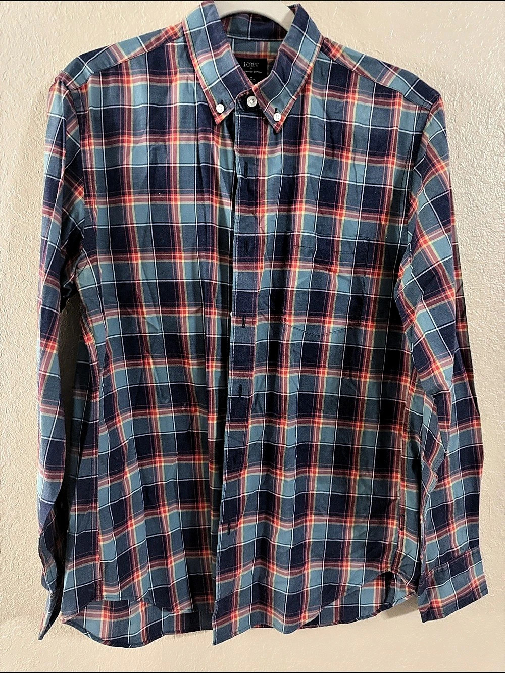 J.Crew Heathered Cotton Plaid Button-Down Shirt Blue & Red Medium